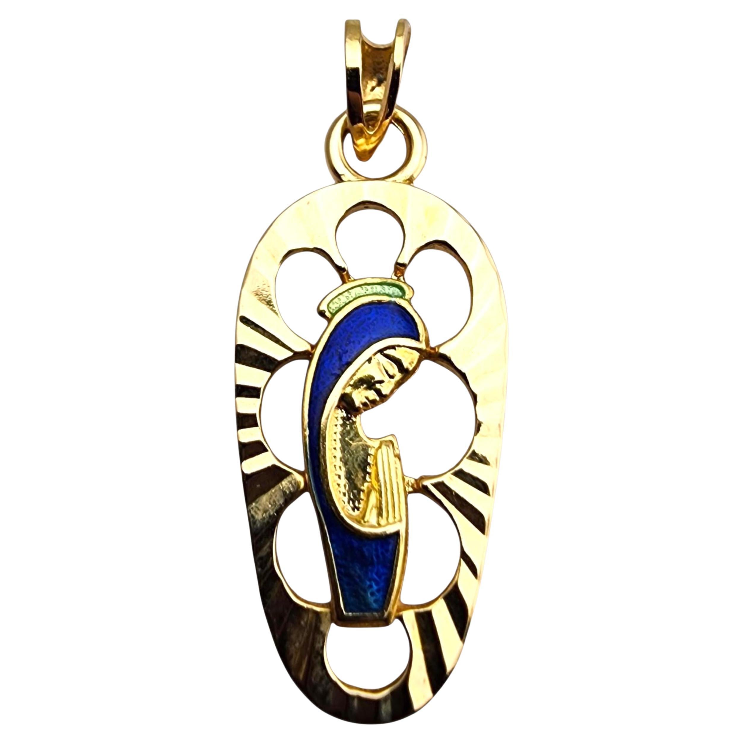 18 Karat Yellow Gold Blue Enamel Blessed Mother Pendant #23931