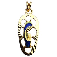 18 Karat Yellow Gold Blue Enamel Blessed Mother Pendant #23931