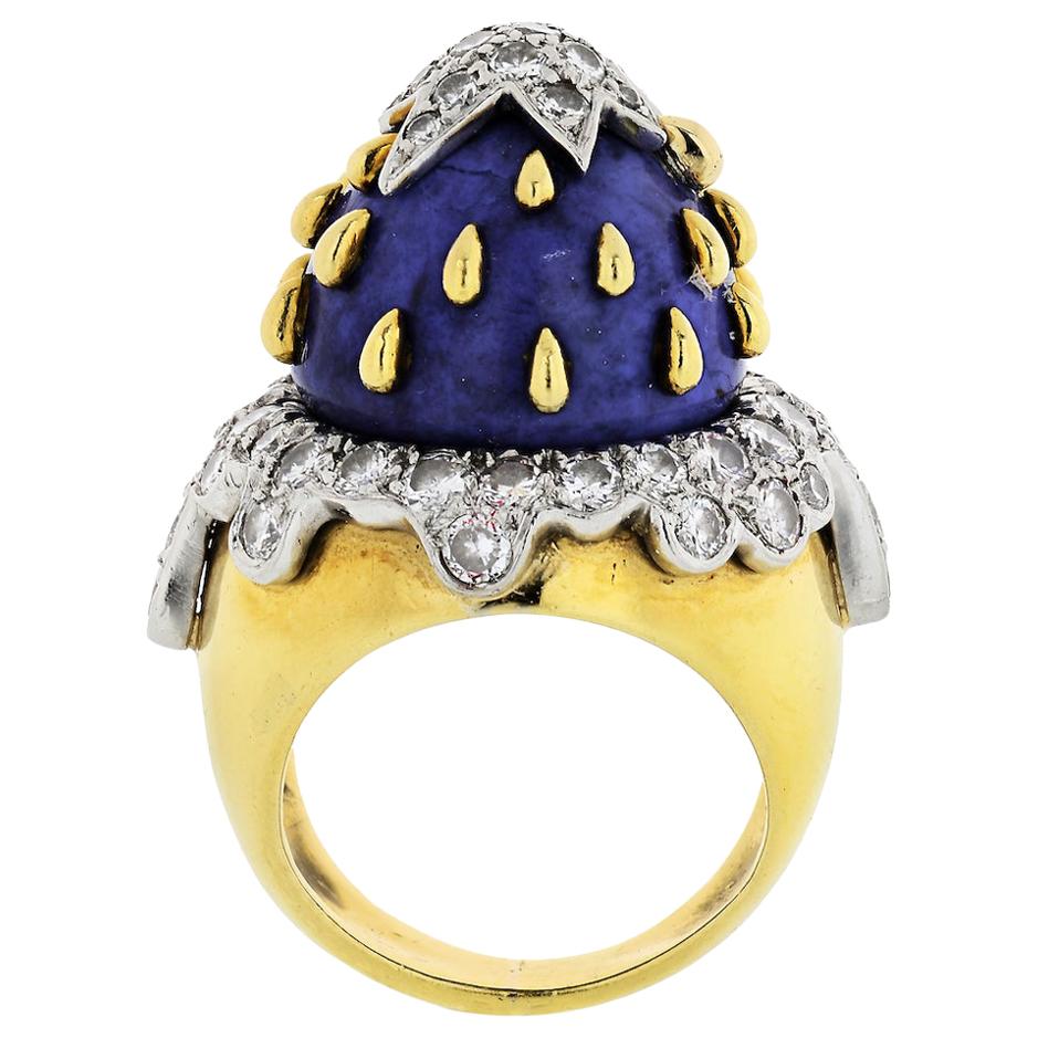18 Karat Yellow Gold Blue Enamel Diamond Dome Vintage Ring