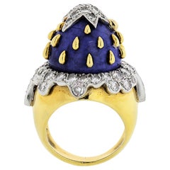 18 Karat Yellow Gold Blue Enamel Diamond Dome Vintage Ring