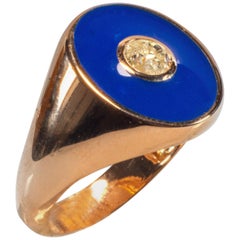 18 Karat Yellow Gold Blue Enamel Diamond Ring