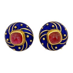 Vintage 18 Karat Yellow Gold Blue Enamel Earrings with Cabochon Pink Tourmaline Centers