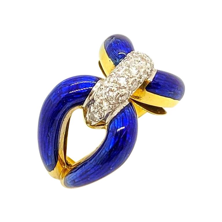 18 Karat Yellow Gold Blue Enamel Love Knot Ring with .43 Carat of Diamonds