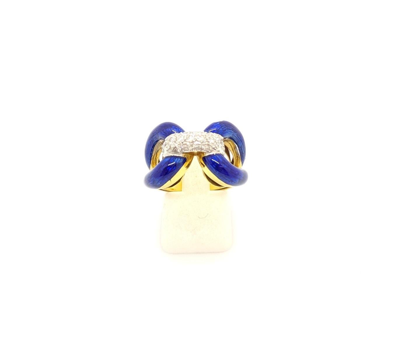 18 Karat Yellow Gold Blue Enamel Love Knot Ring with .43 Carat of Diamonds In New Condition In New York, NY
