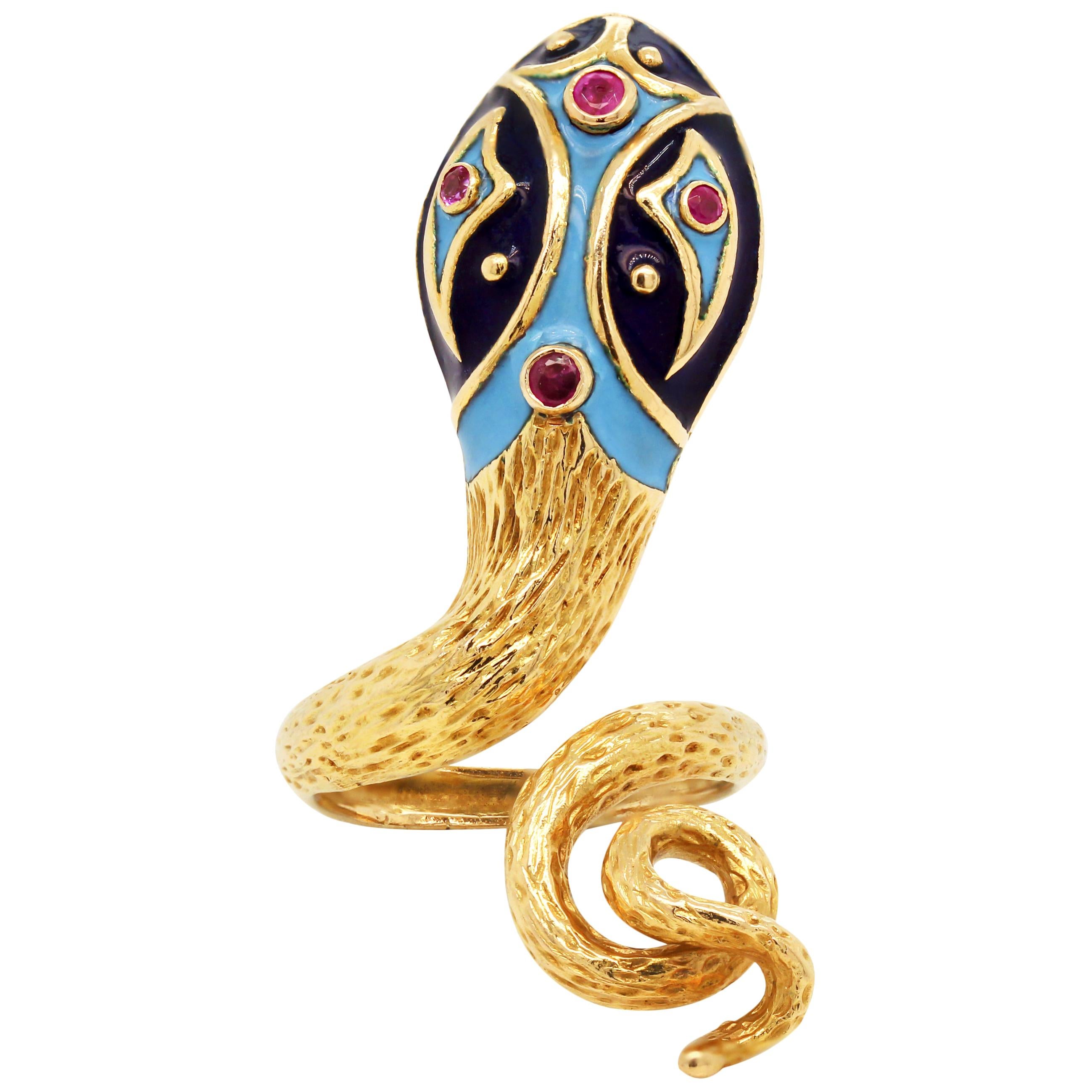 18 Karat Yellow Gold Blue Enamel Ruby Twisted Snake Serpentine Ring For Sale