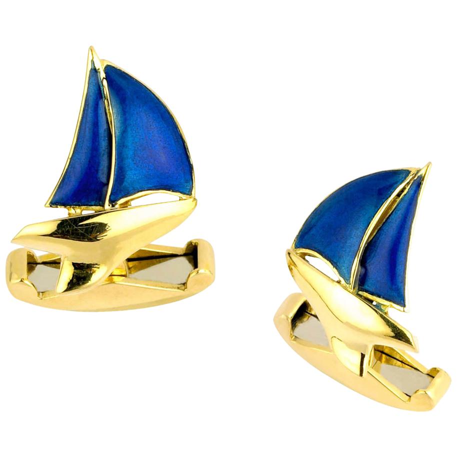 Deakin & Francis 18 Karat Yellow Gold Blue Enamel Yacht Cufflinks