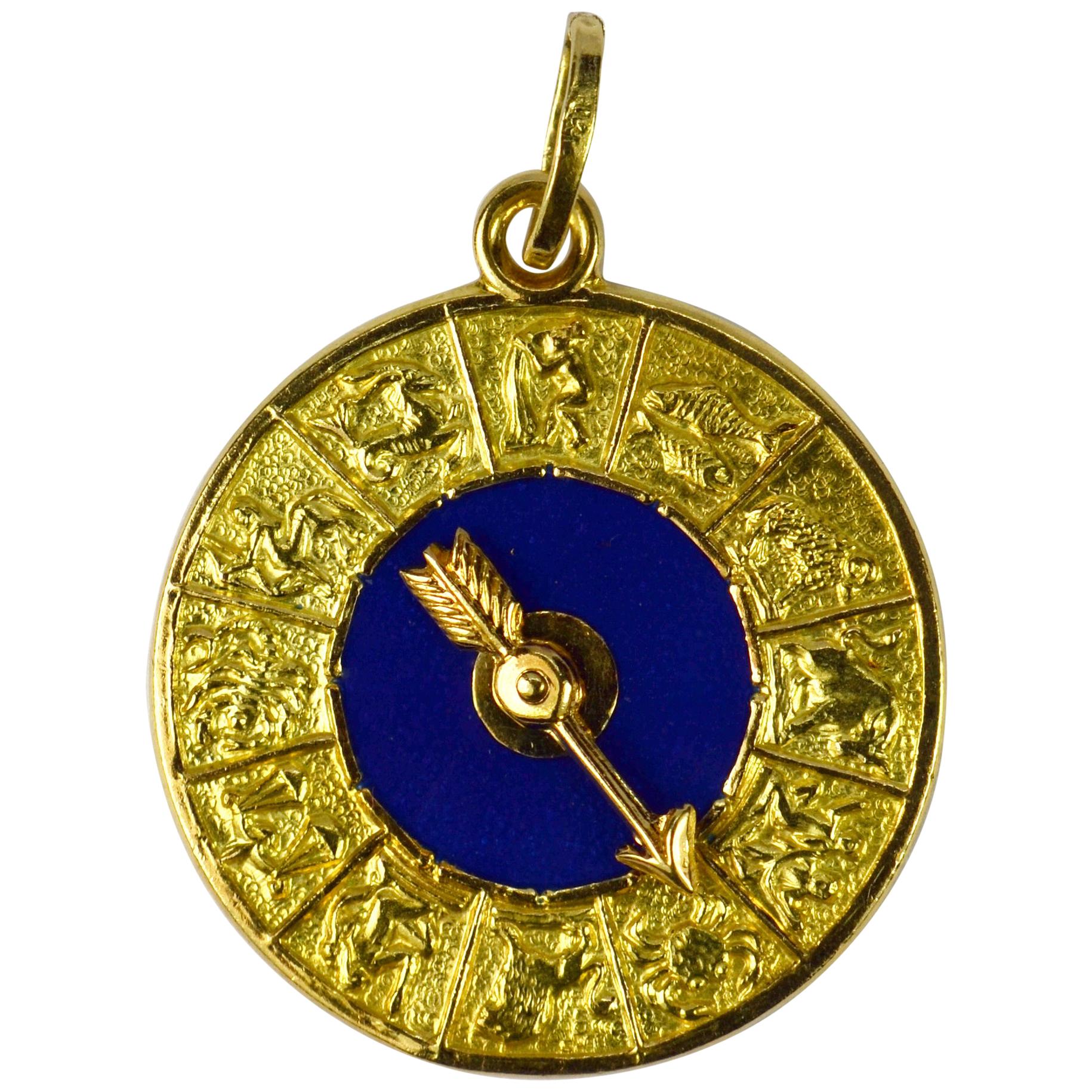 18 Karat Yellow Gold Blue Enamel Zodiac Starsign Spinning Arrow Charm Pendant