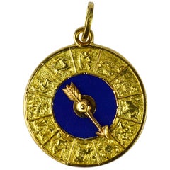 18 Karat Yellow Gold Blue Enamel Zodiac Starsign Spinning Arrow Charm Pendant