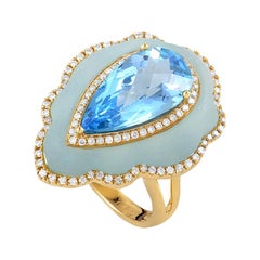 18 Karat Yellow Gold Blue Gemstone and Diamond Ring