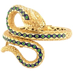 18 Karat Yellow Gold Blue Green Enamel Vintage Snake Bangle Bracelet