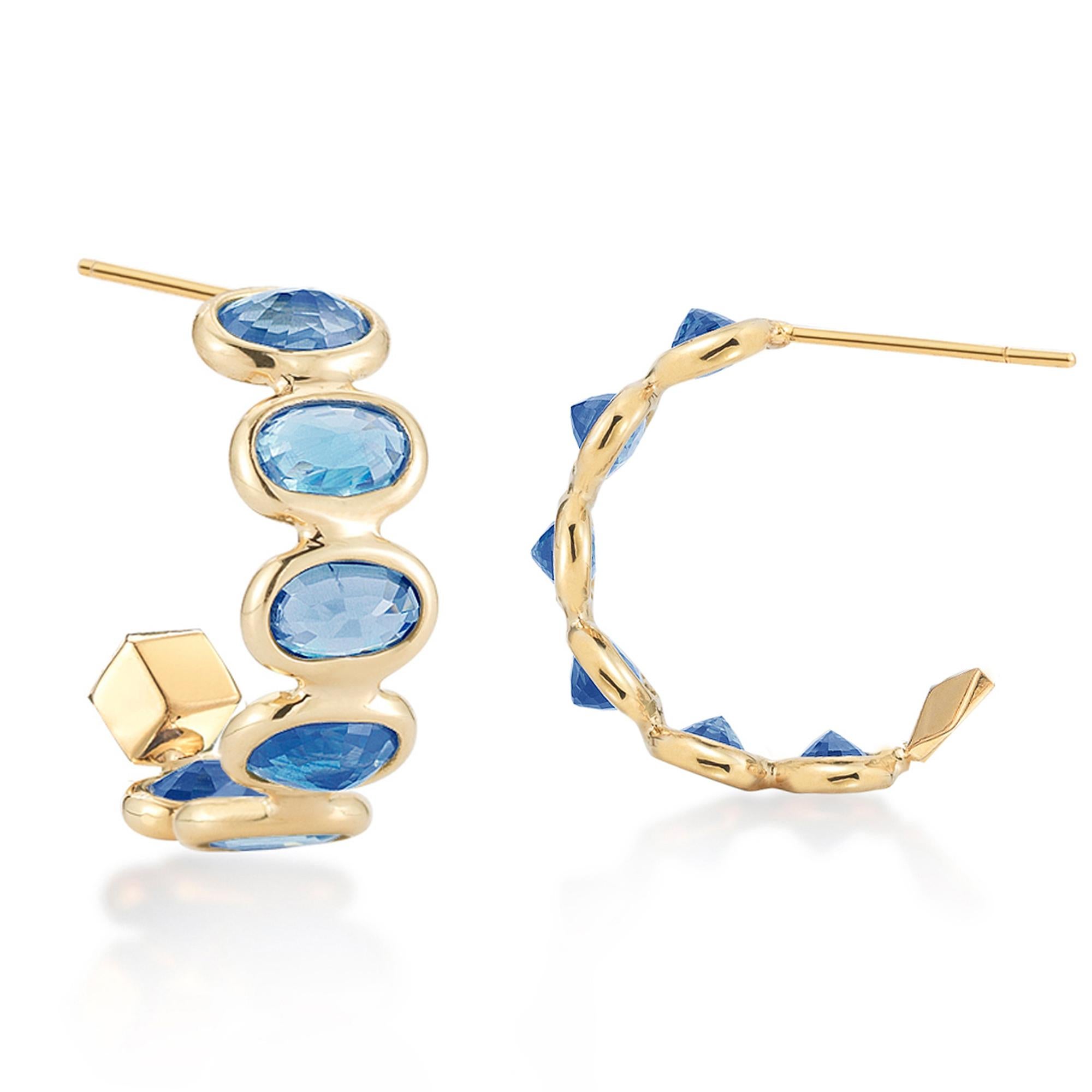 Contemporary 18 Karat Yellow Gold Blue Sapphire 3.70 Carat Hoop Earrings, Petite