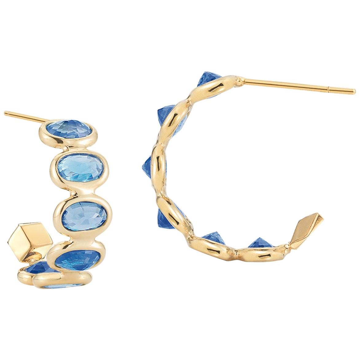 18 Karat Yellow Gold Blue Sapphire 3.70 Carat Hoop Earrings, Petite