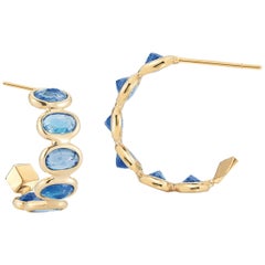 18 Karat Yellow Gold Blue Sapphire 3.70 Carat Hoop Earrings, Petite