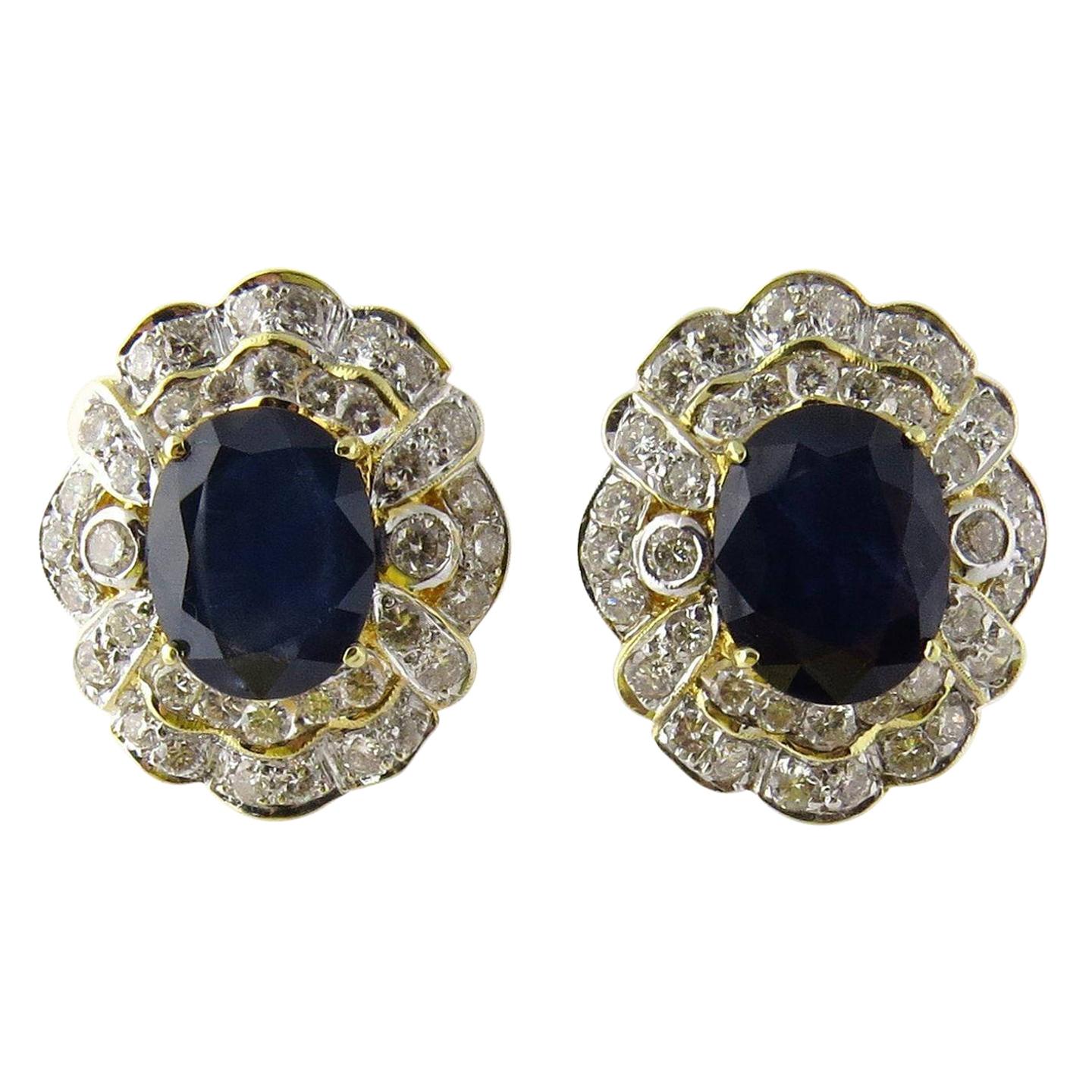 18 Karat Yellow Gold Blue Sapphire and Diamond Earrings Large Pierced