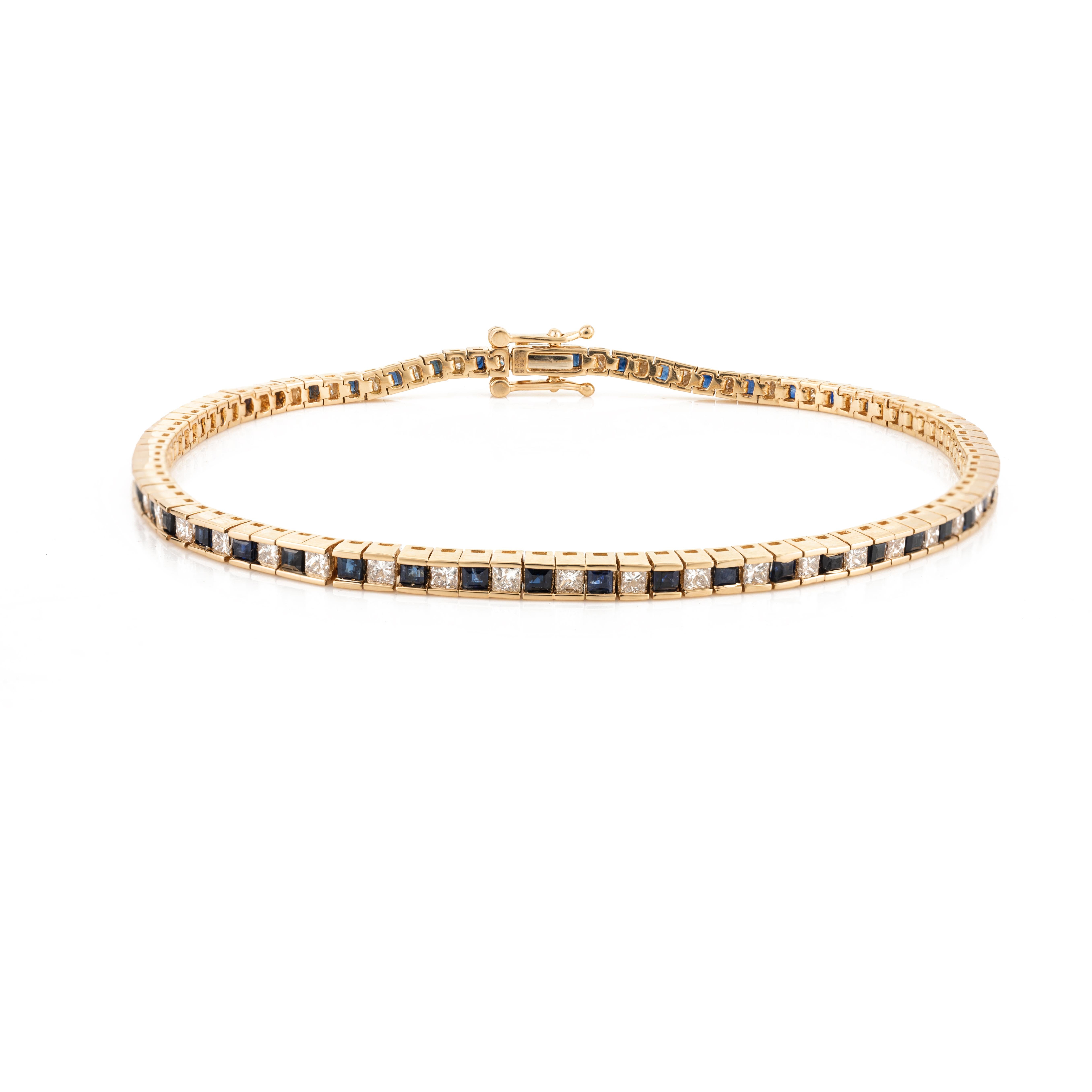 Women's 18 Karat Yellow Gold Blue Sapphire and Diamond Line Bracelet for Her For Sale