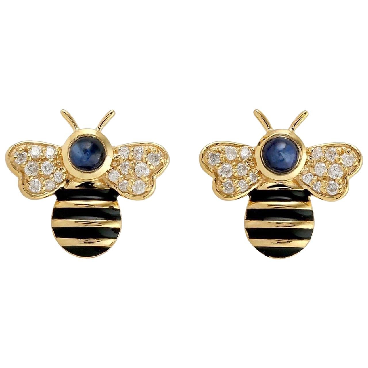 Blue Sapphire Diamond 18 Karat Yellow Gold Bee Stud Earrings