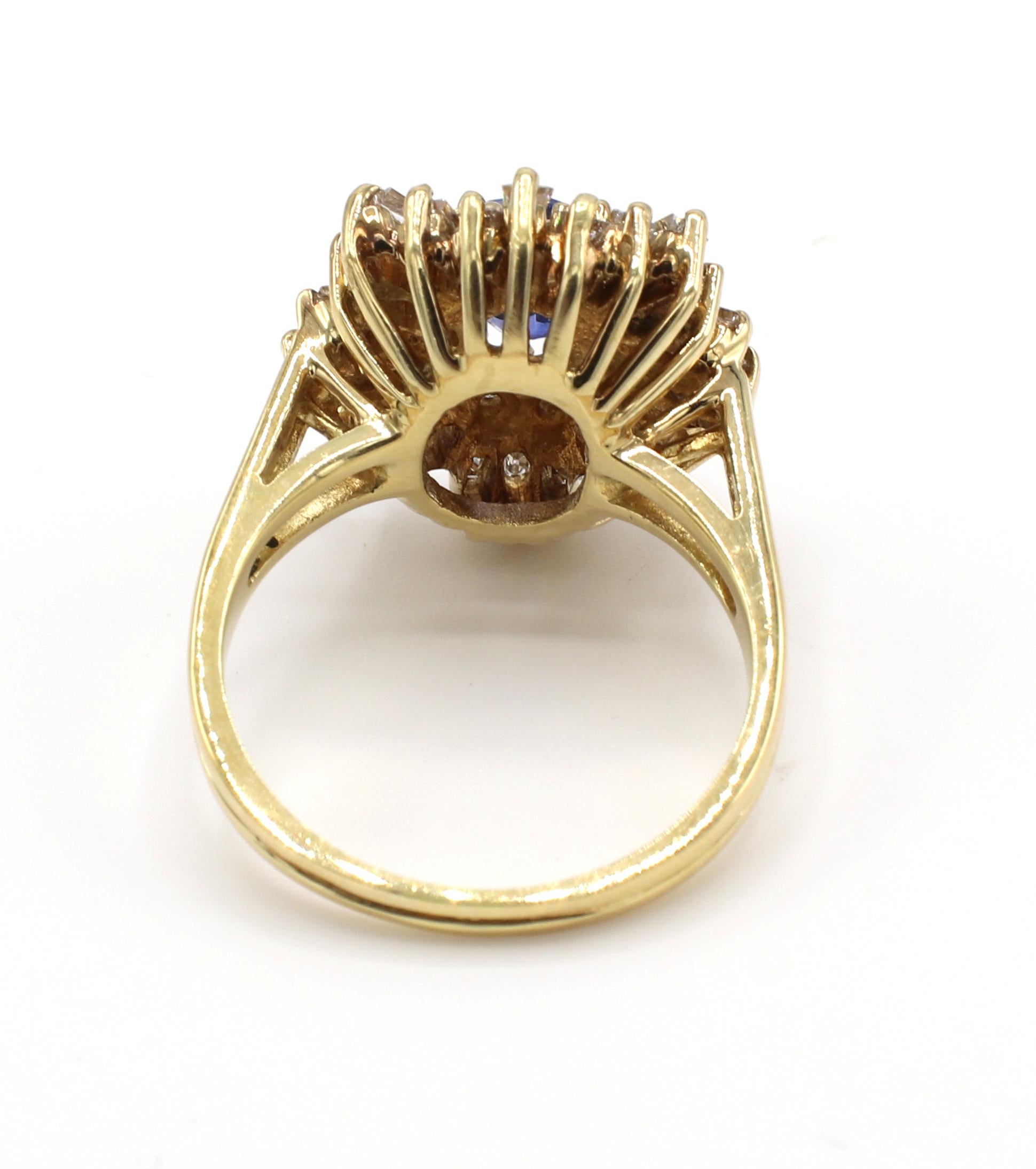 Contemporary 18 Karat Yellow Gold Blue Sapphire & Diamond Halo Ballerina Cocktail Ring