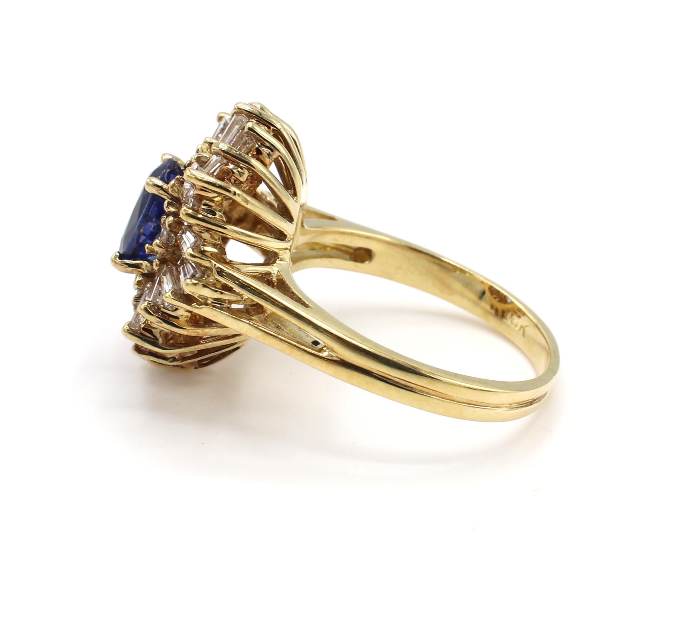 Oval Cut 18 Karat Yellow Gold Blue Sapphire & Diamond Halo Ballerina Cocktail Ring