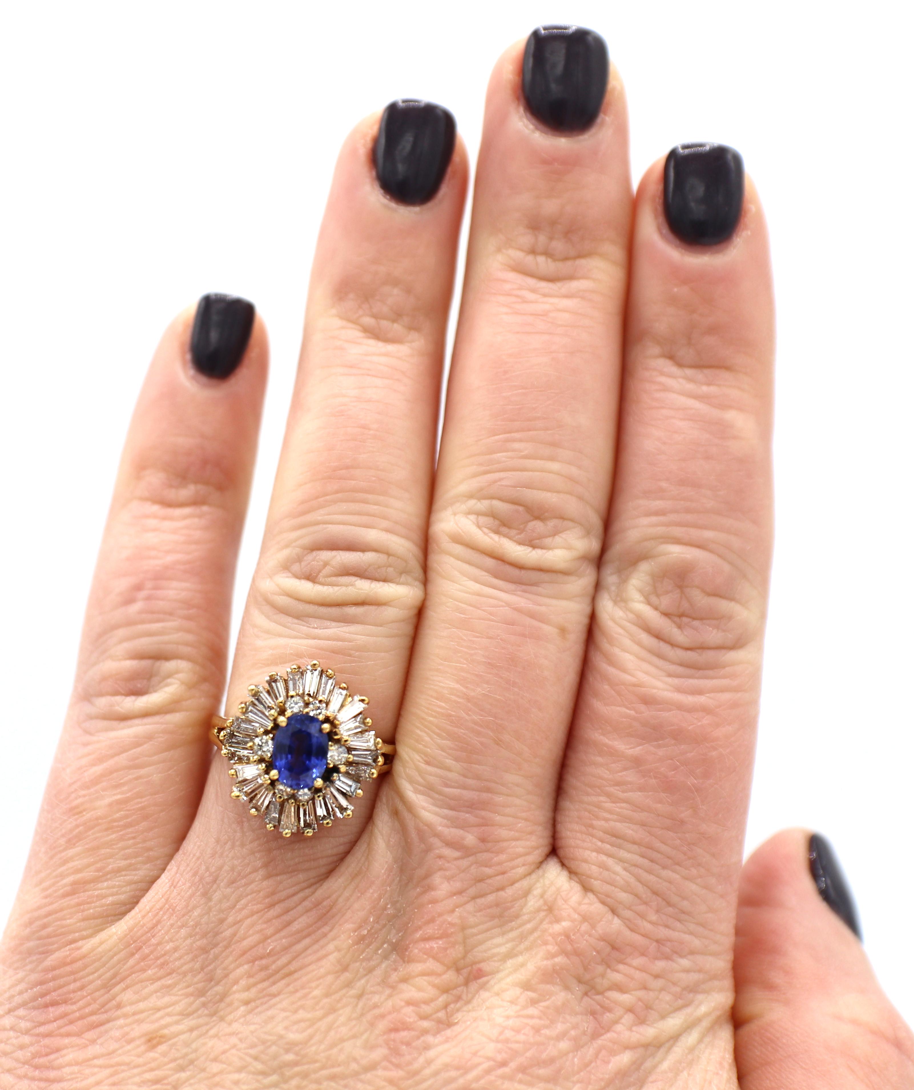 18 Karat Yellow Gold Blue Sapphire & Diamond Halo Ballerina Cocktail Ring In Excellent Condition In  Baltimore, MD