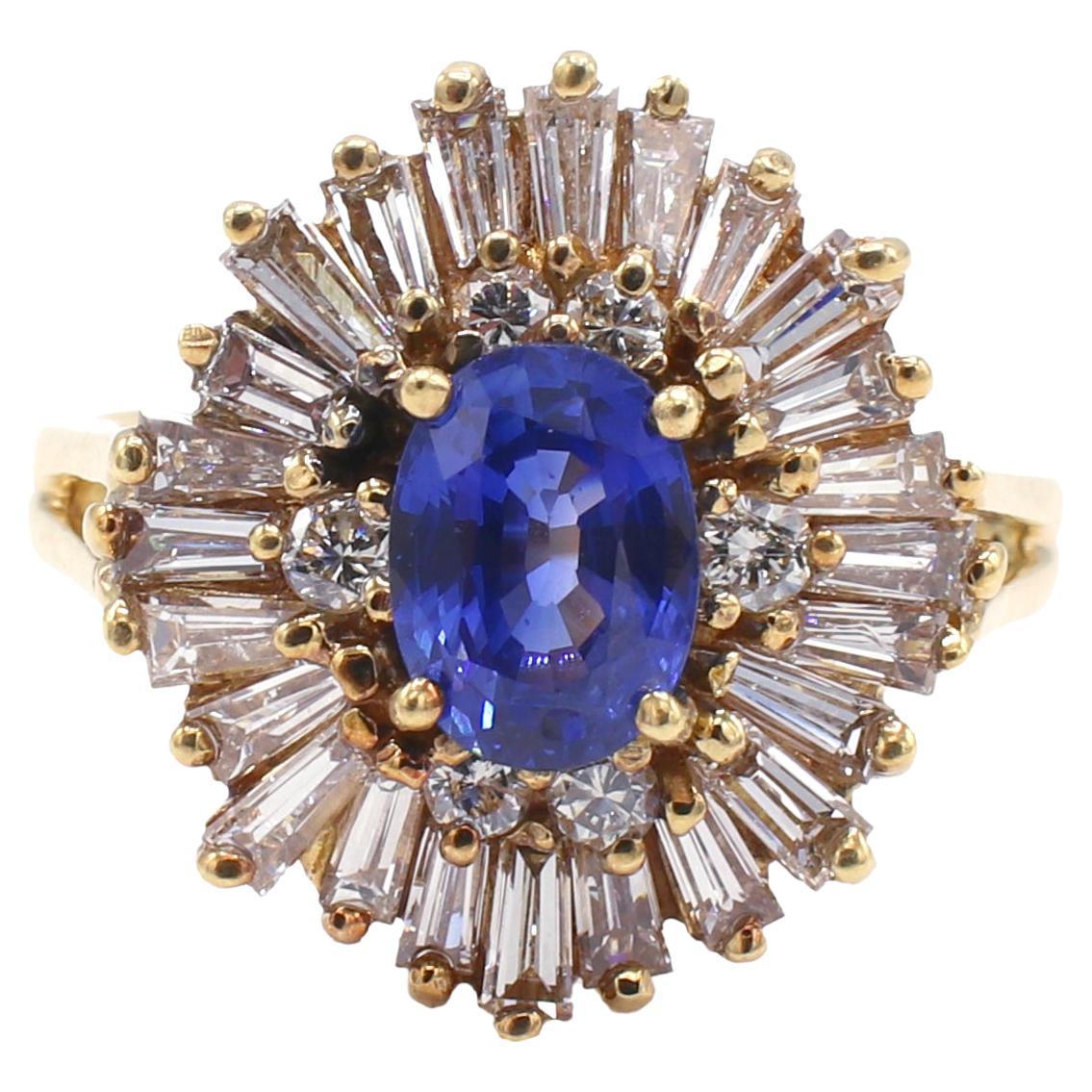 18 Karat Yellow Gold Blue Sapphire & Diamond Halo Ballerina Cocktail Ring