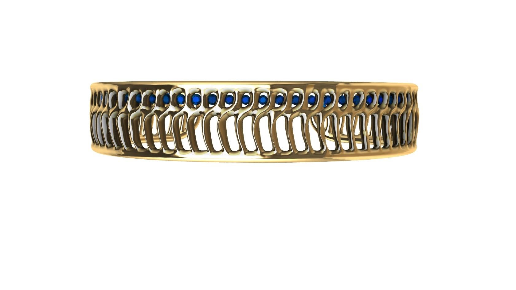 Round Cut 18 Karat Yellow Gold Blue Sapphires Open Wave Cuff Bracelet For Sale