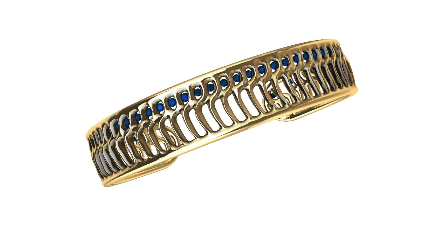 18 Karat Yellow Gold Blue Sapphires Open Wave Cuff Bracelet In New Condition For Sale In New York, NY