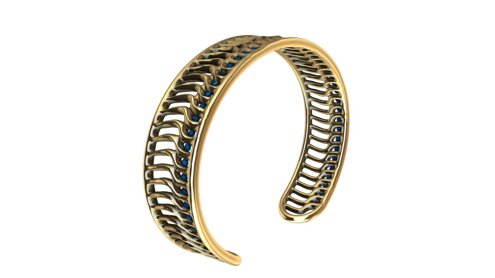 Women's or Men's 18 Karat Yellow Gold Blue Sapphires Open Wave Cuff Bracelet For Sale