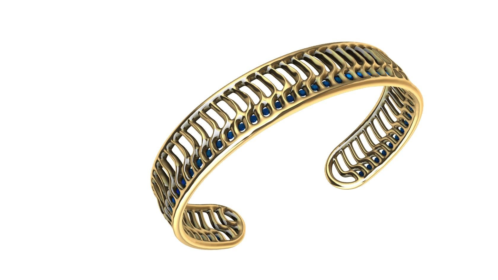 18 Karat Yellow Gold Blue Sapphires Open Wave Cuff Bracelet For Sale 1