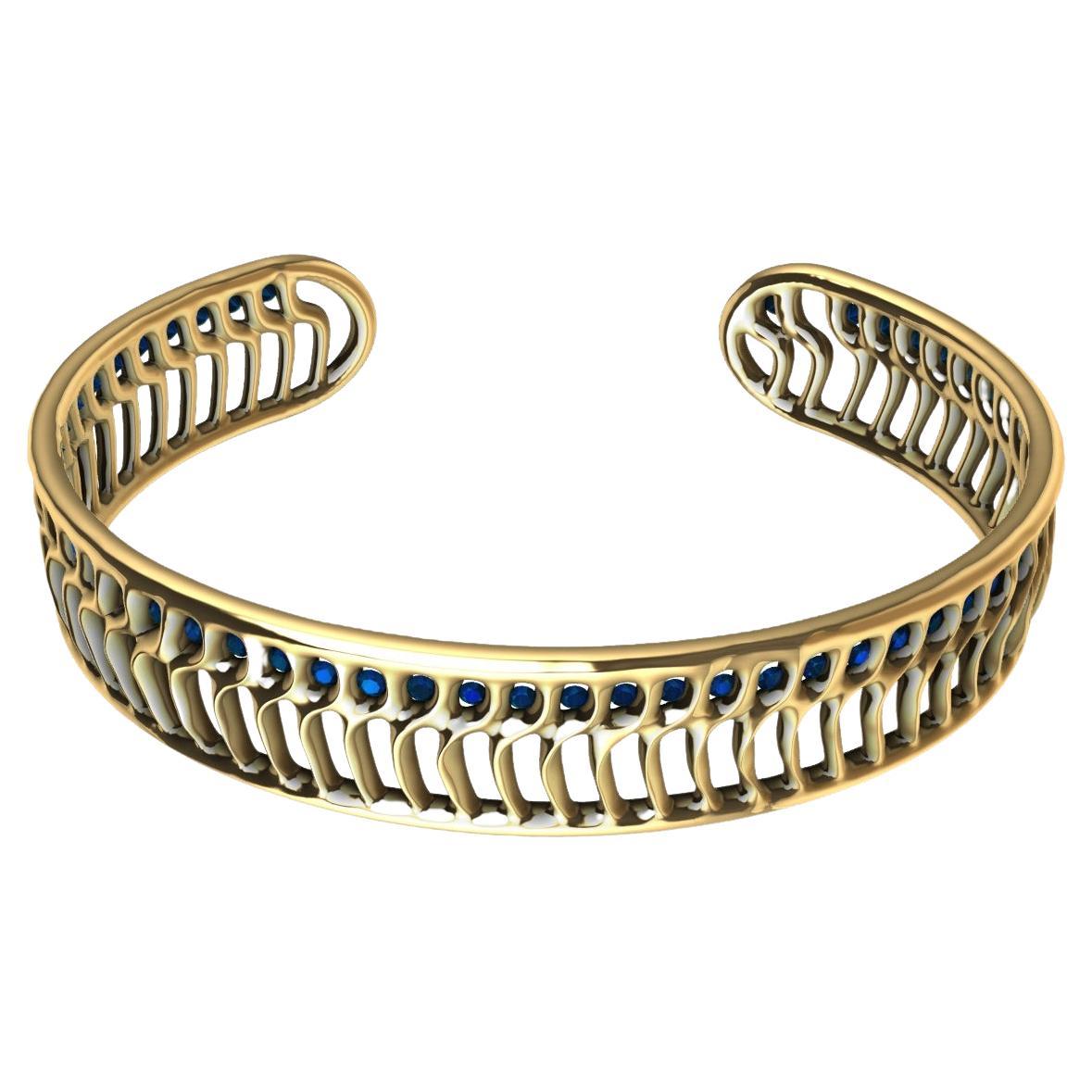 18 Karat Yellow Gold Blue Sapphires Open Wave Cuff Bracelet