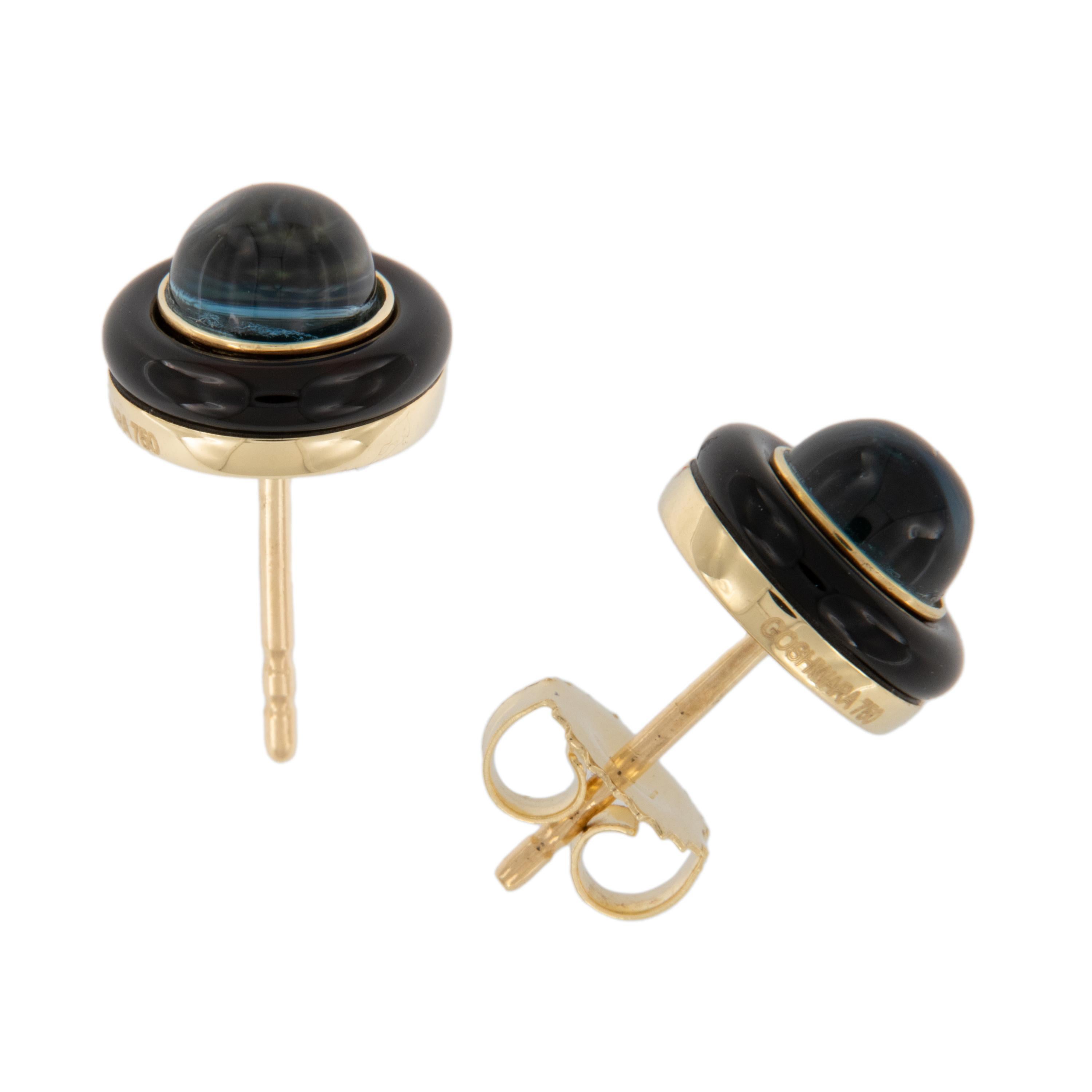 Contemporary 18 Karat Yellow Gold Blue Topaz and Onyx Limited Edition Earrings by Goshwara
