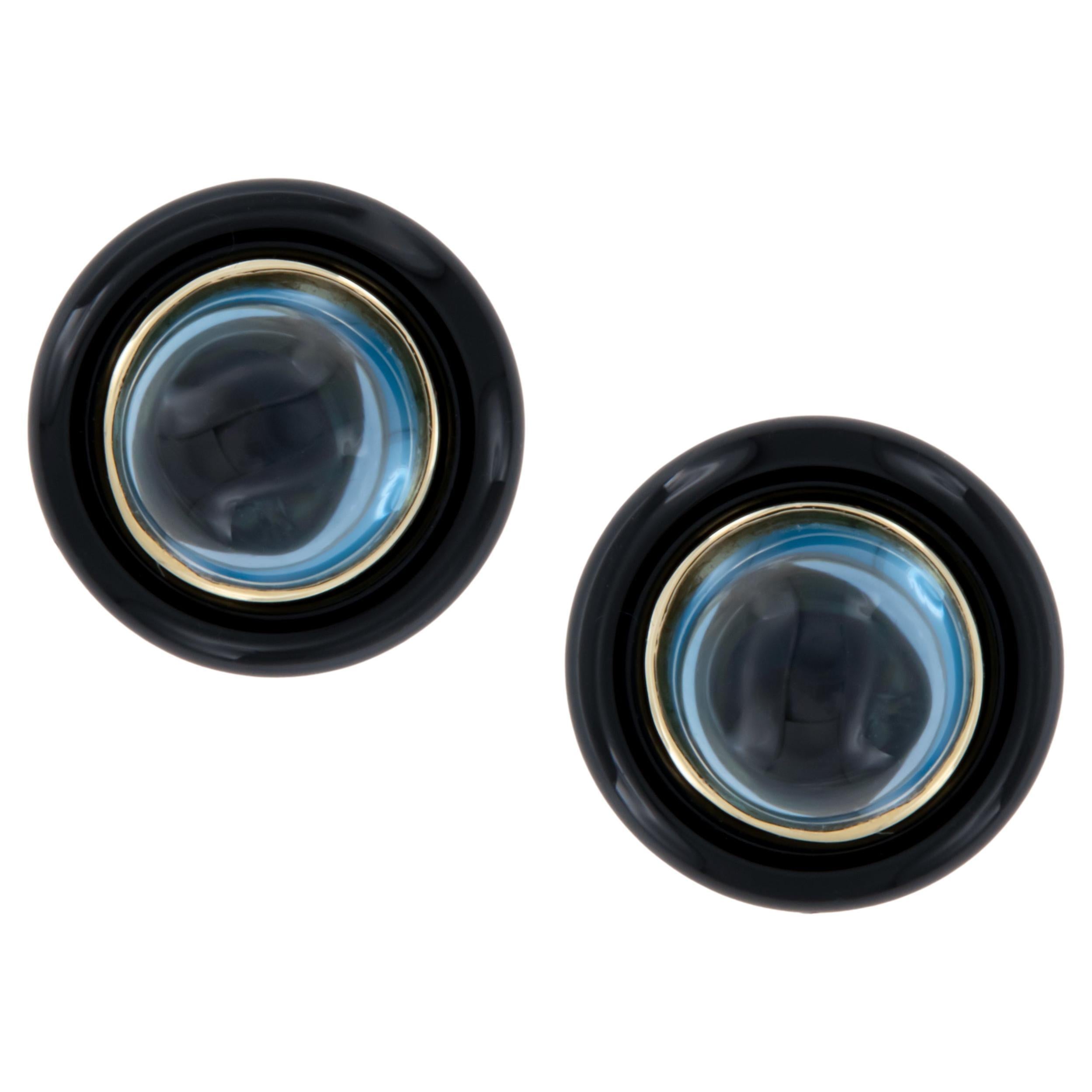 18 Karat Yellow Gold Blue Topaz and Onyx Limited Edition Earrings by Goshwara