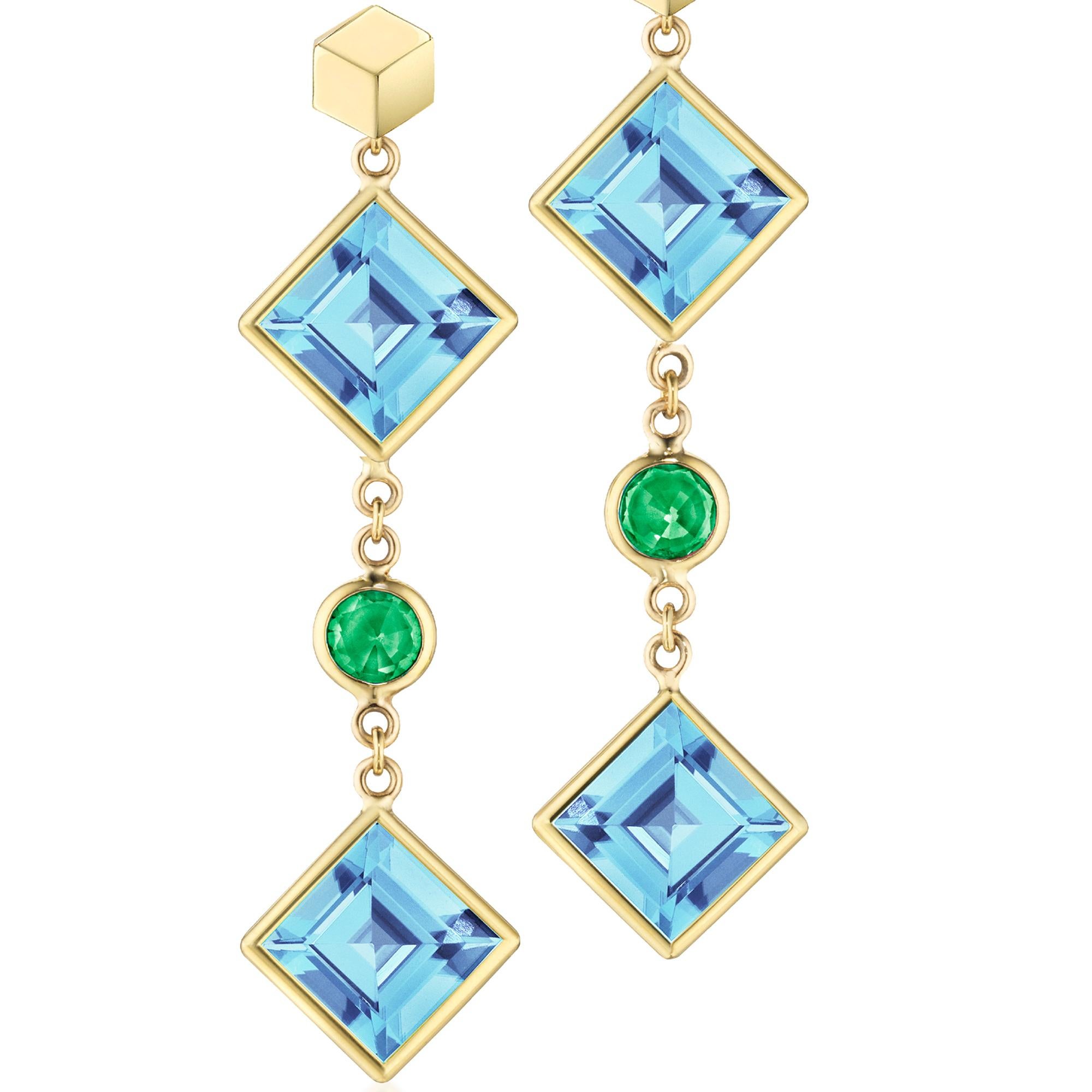 Emerald Cut Paolo Costagli 18 Karat Yellow Gold Blue Topaz and Tsavorite Florentine Earrings For Sale