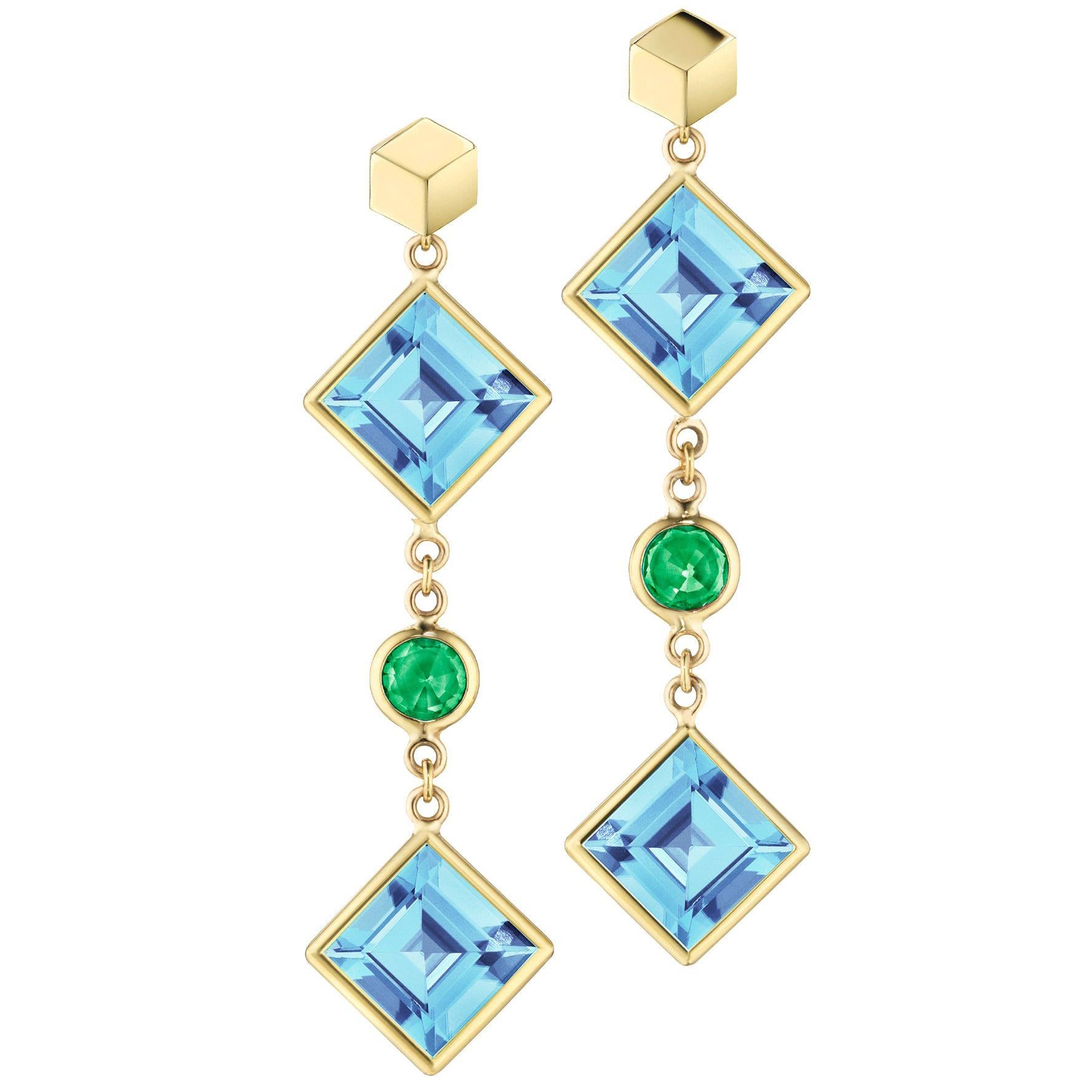 Paolo Costagli 18 Karat Yellow Gold Blue Topaz and Tsavorite Florentine Earrings For Sale