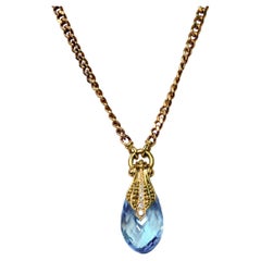 18 Karat Yellow Gold Blue Topaz Briolette and Diamond Lavalier Necklace