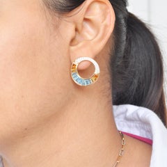 18 Karat Yellow Gold Blue Topaz Citrine Baguette Diamond Circular Stud Earrings