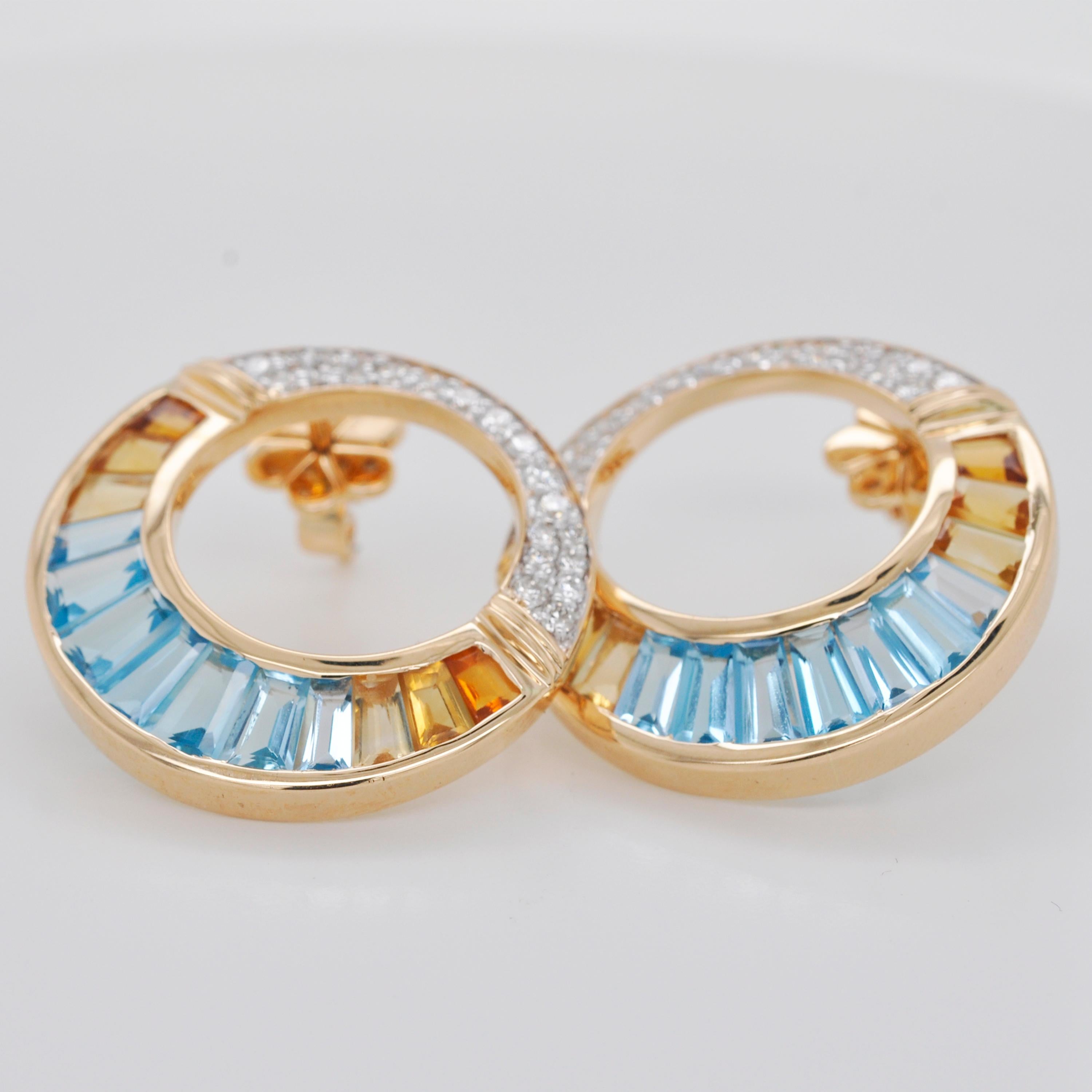 Contemporary 18 Karat Yellow Gold Blue Topaz Citrine Baguette Diamond Circular Stud Earrings For Sale