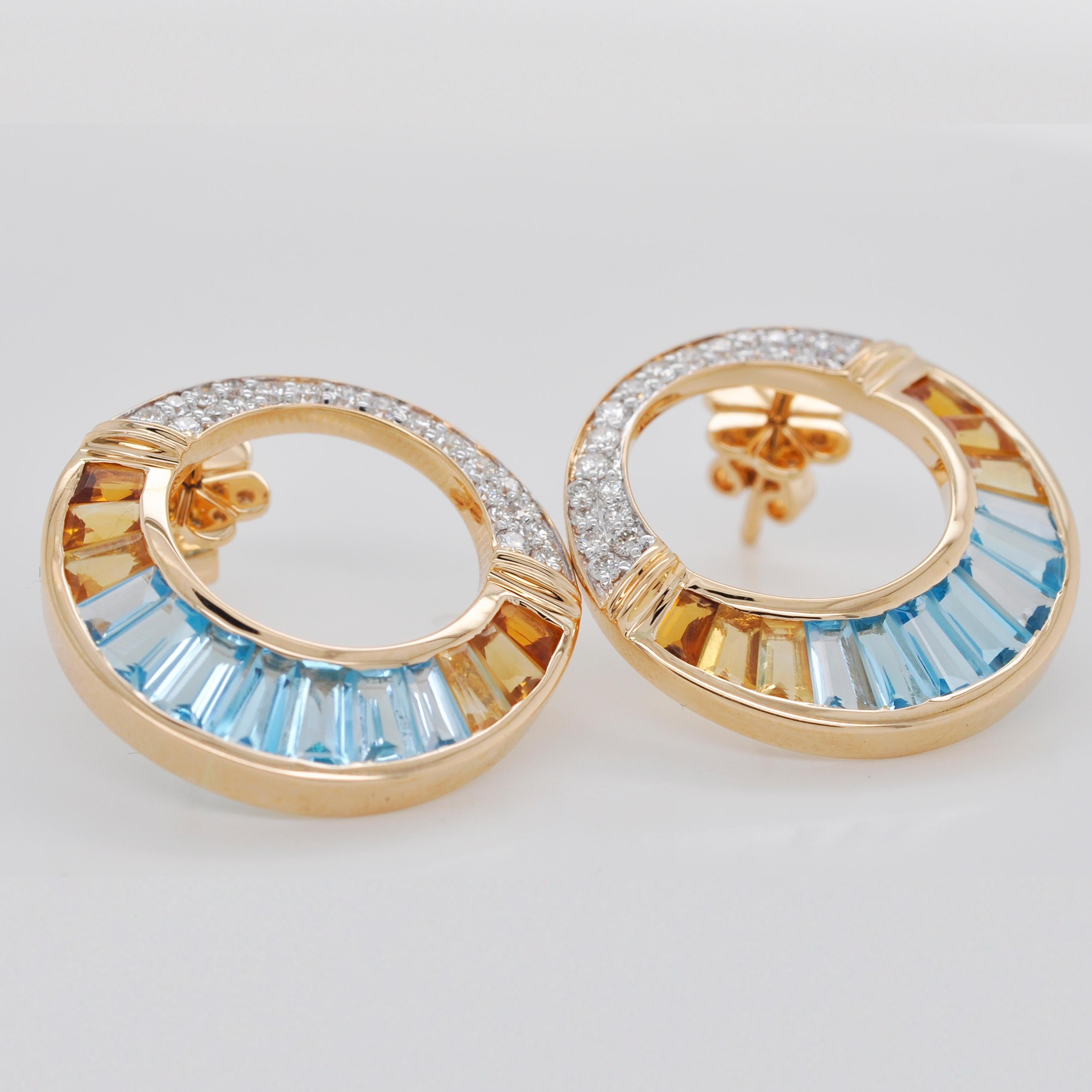 Tapered Baguette 18 Karat Yellow Gold Blue Topaz Citrine Baguette Diamond Circular Stud Earrings For Sale