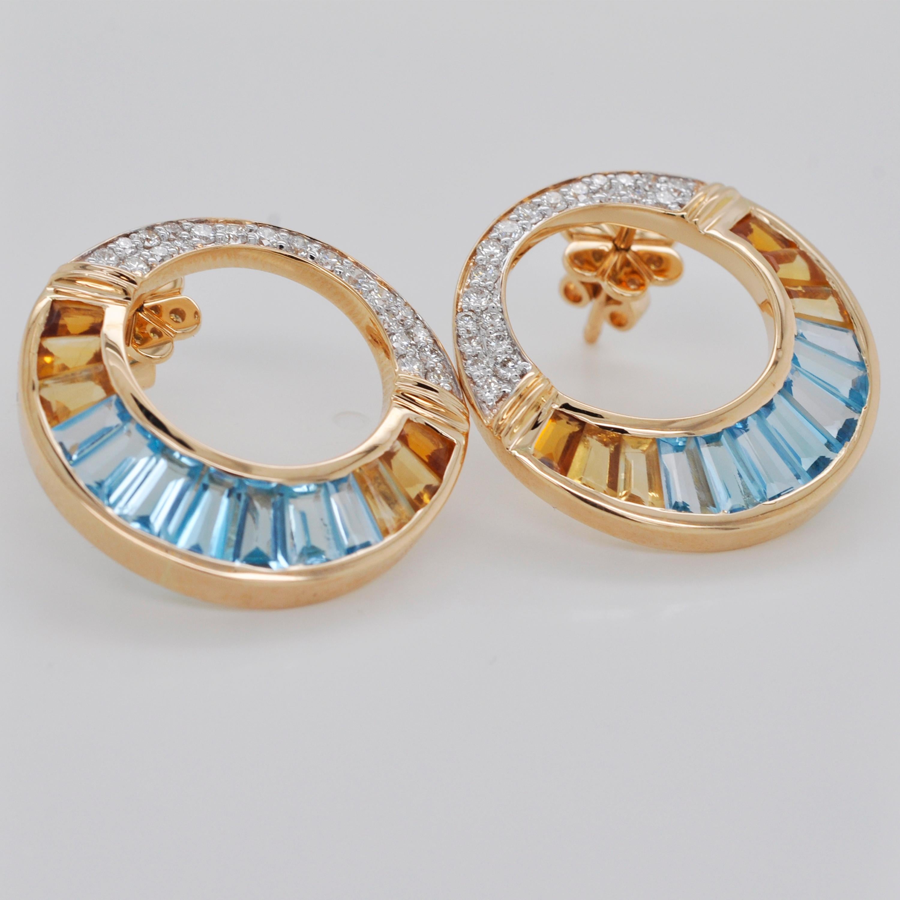 18 Karat Yellow Gold Blue Topaz Citrine Baguette Diamond Circular Stud Earrings In New Condition For Sale In Jaipur, Rajasthan