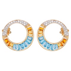 18 Karat Yellow Gold Blue Topaz Citrine Baguette Diamond Circular Stud Earrings