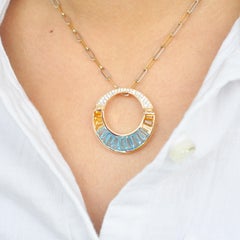 14 Karat Yellow Gold Blue Topaz Citrine Baguette Diamond Pendant Necklace Brooch
