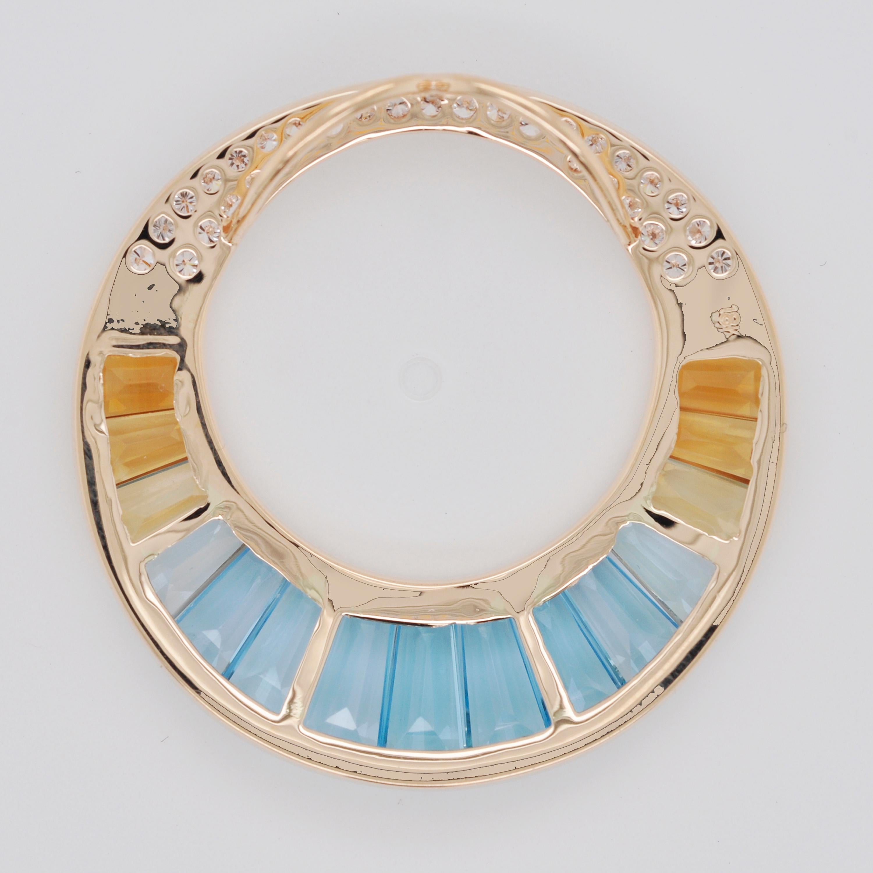 Women's 18 Karat Yellow Gold Blue Topaz Citrine Baguette Diamond Pendant Necklace Brooch For Sale