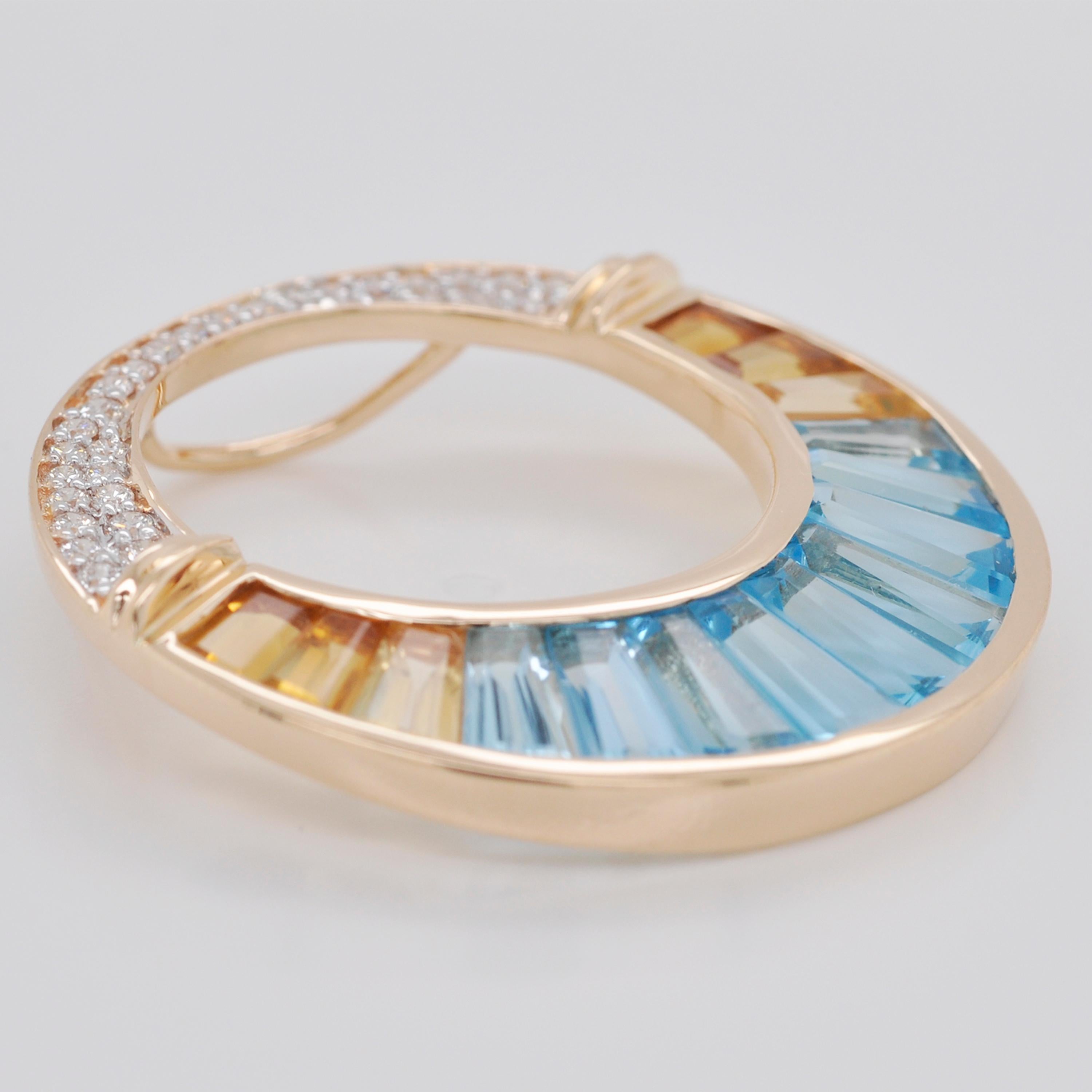 Collier pendentif broche en or jaune 18 carats avec topaze bleue, citrine et diamants baguettes en vente 2