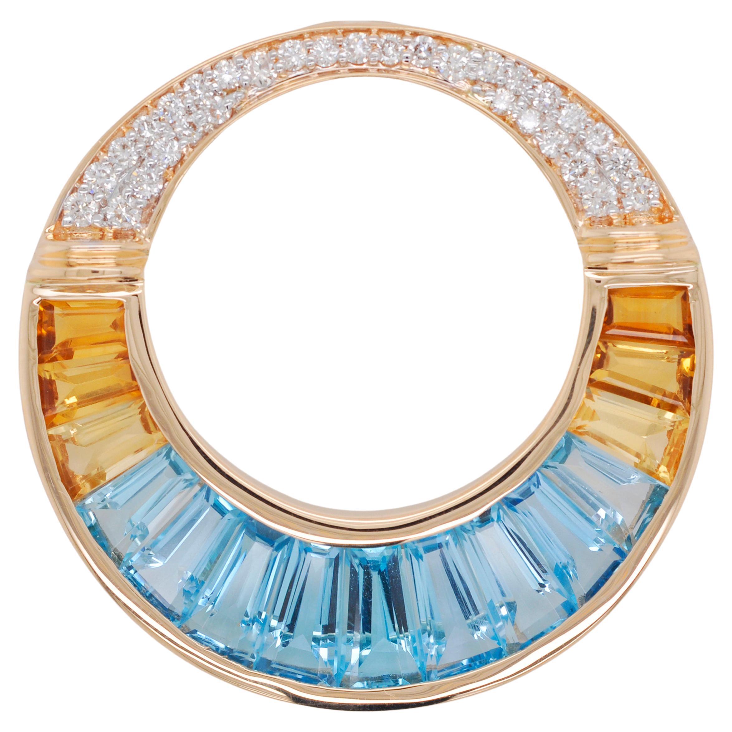 18 Karat Yellow Gold Blue Topaz Citrine Baguette Diamond Pendant Necklace Brooch