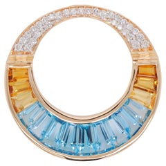 18 Karat Yellow Gold Blue Topaz Citrine Baguette Diamond Pendant Necklace Brooch