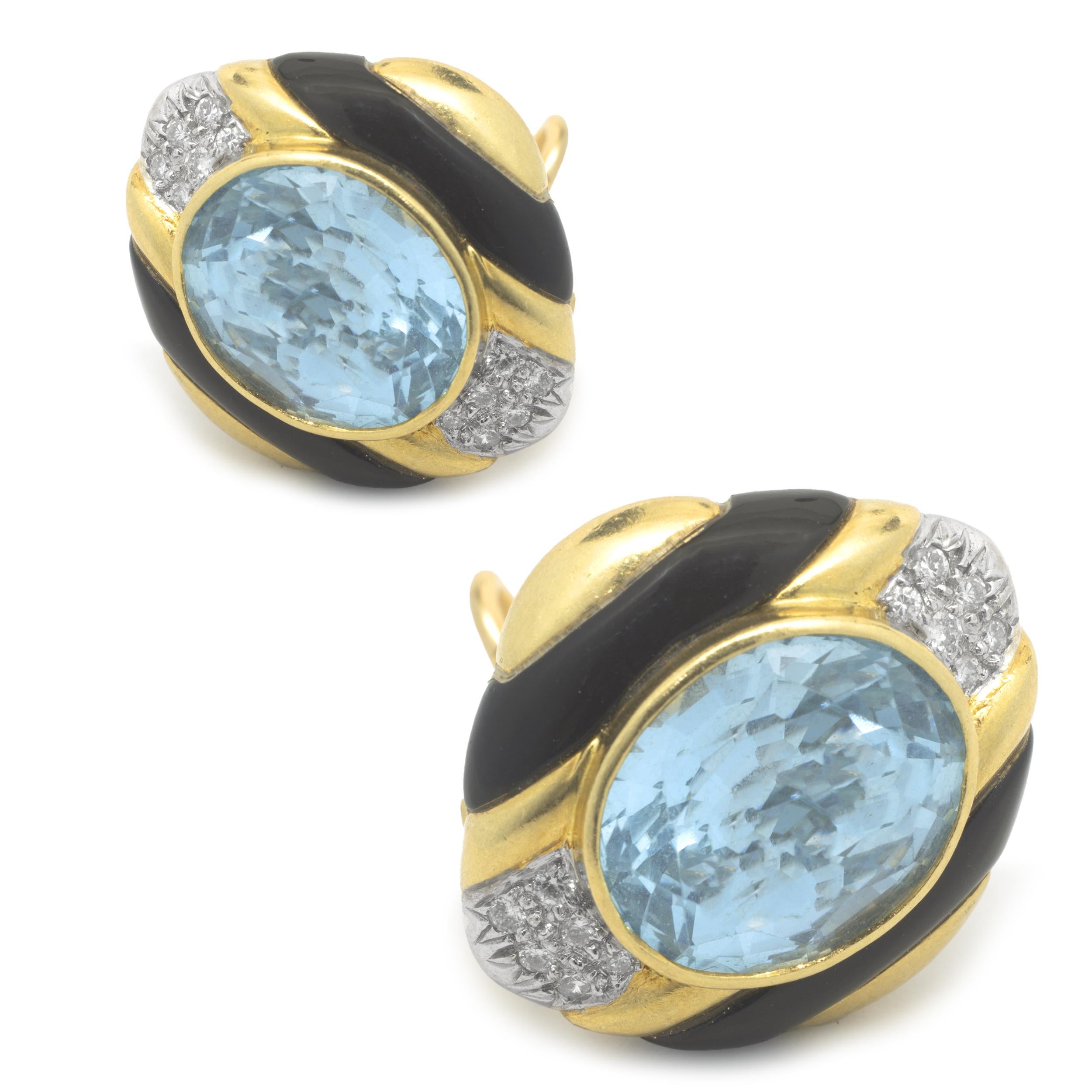 Designer: custom
Material: 18K yellow gold
Diamond: 24 round cut = .24cttw
Color: H
Clarity: SI1
Blue Topaz: 2 oval cut = 19.50cttw
Dimensions: earrings measure 24.5 X 22mm
Weight: 20.85 grams
