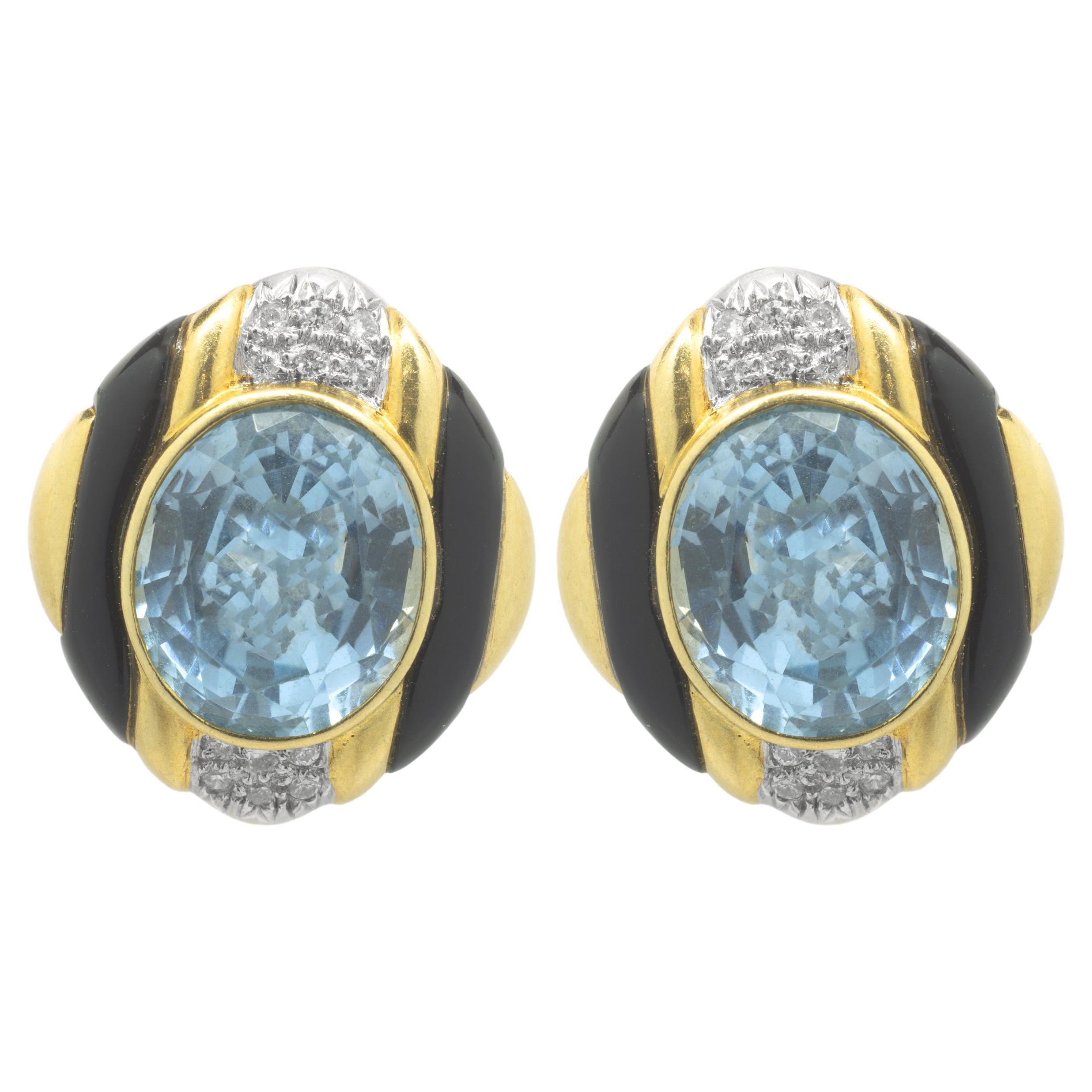 18 Karat Yellow Gold Blue Topaz, Diamond and Black Onyx Earrings