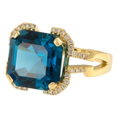 18 Karat Yellow Gold Blue Topaz Diamond Gossip Collection Ring by Goshwara