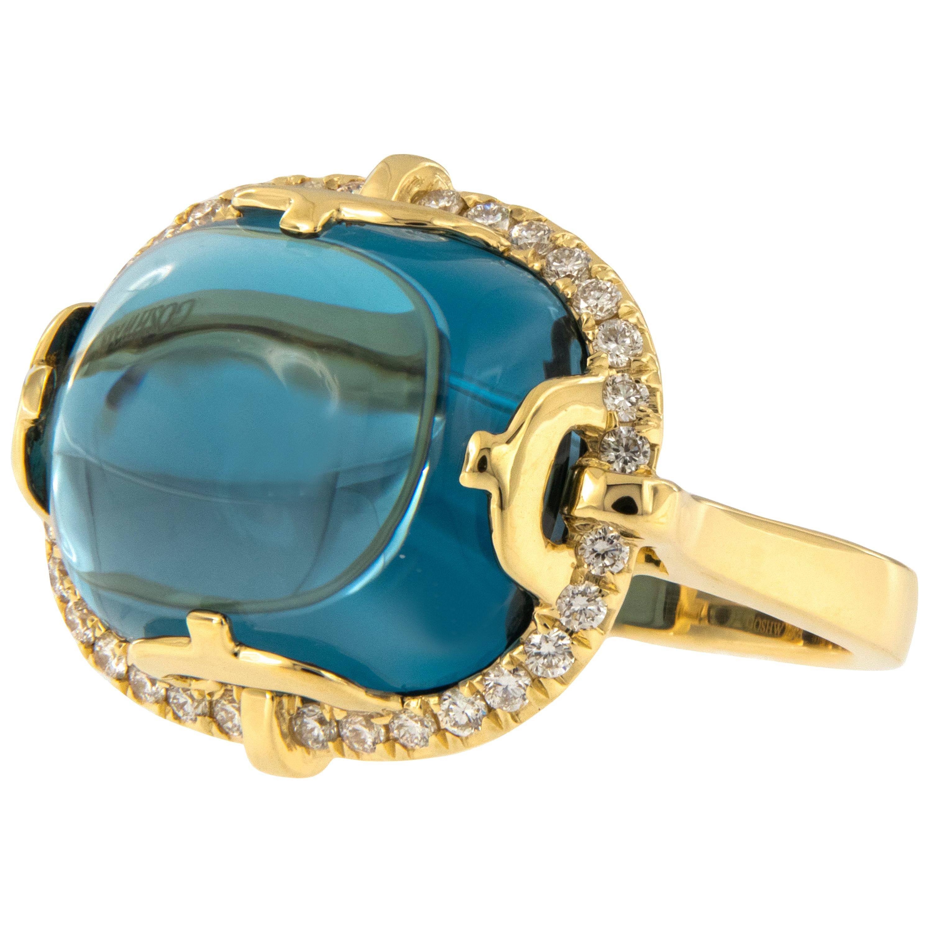 18 Karat Yellow Gold Blue Topaz Diamond Rock-N-Roll Collection Ring by Goshwara