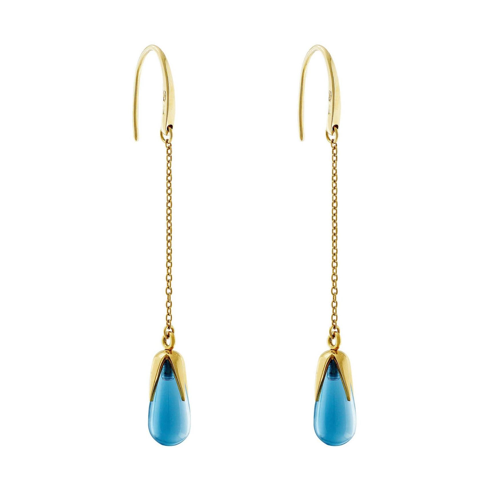 18 Karat Yellow Gold Blue Topaz Drop Chandelier Earrings For Sale