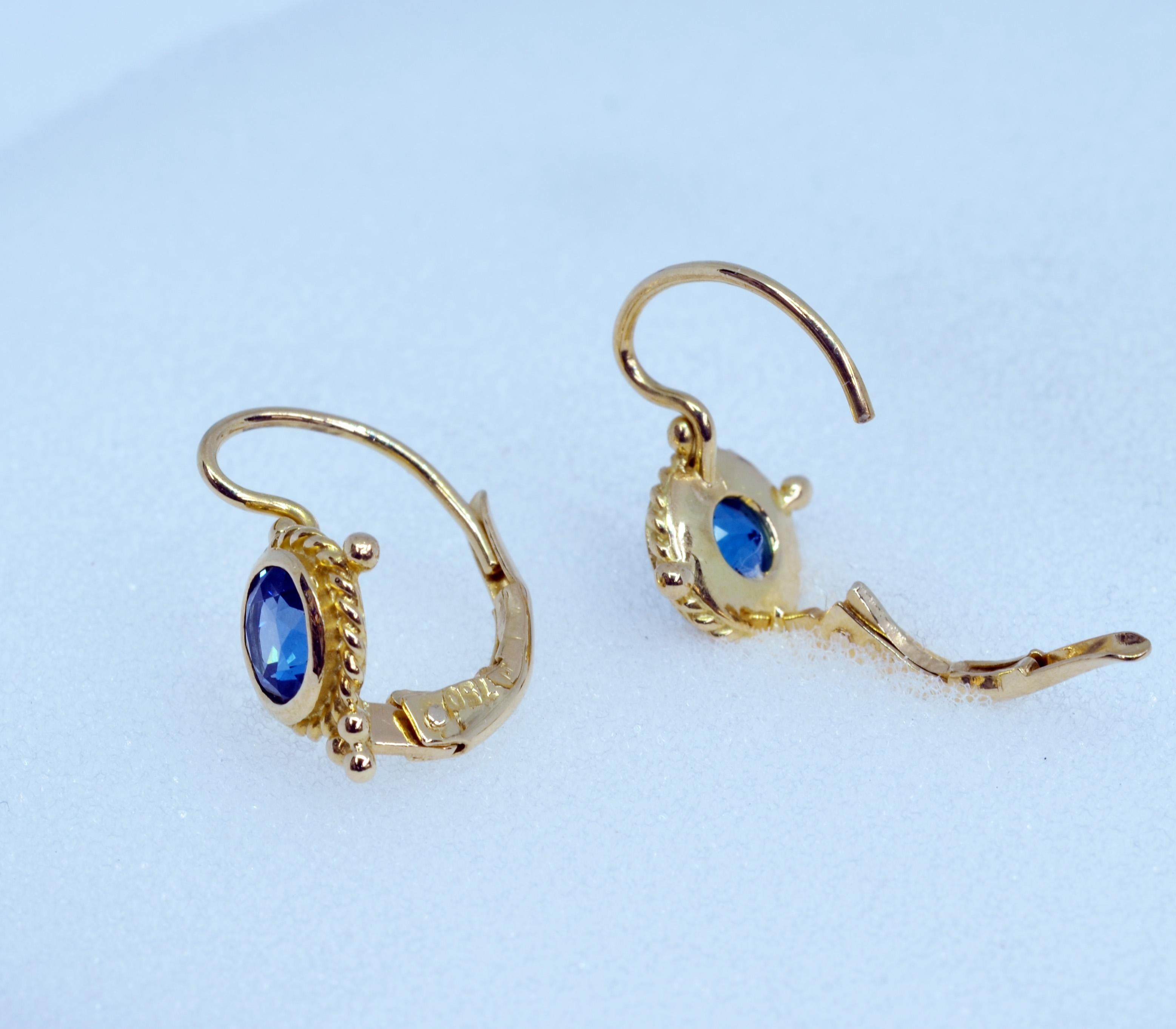 Artisan 18 Karat Yellow Gold Blue Topaz Drop Earrings For Sale